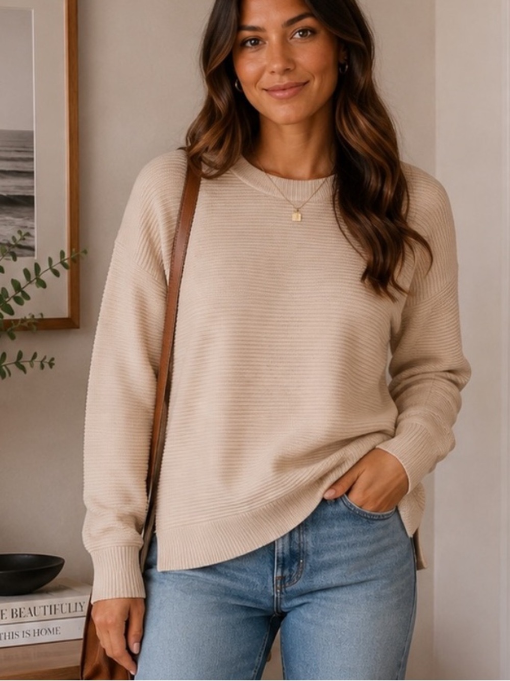Classic Rib-Knit Crewneck Sweater - Beige